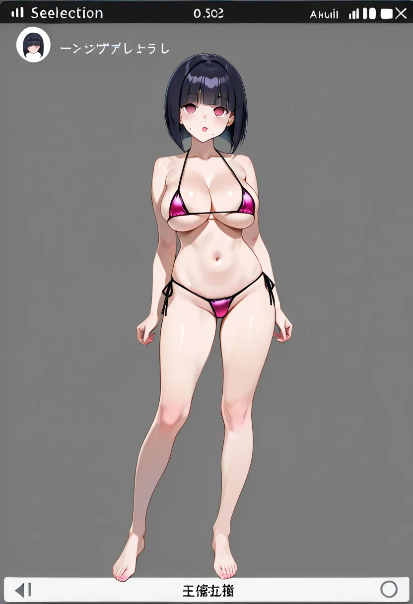 (A Character Selection Screen:1.5)  seaside ,  large breasts, , Kalluto Zoldyck,blunt bangs,bob cut,black hair,pink eyes,mole under mouth,,,,, empty eyes, micro bikini style, 17years old, full body