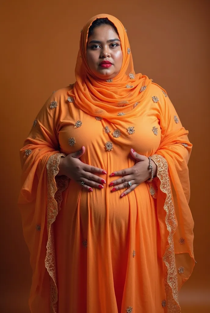  Indian Muslim bbw fat women 42 Size boobs wearing transparent Orange nighty  HIJAB Fat bbw view from the FRONT IMAGE, red lips Big Bindi 