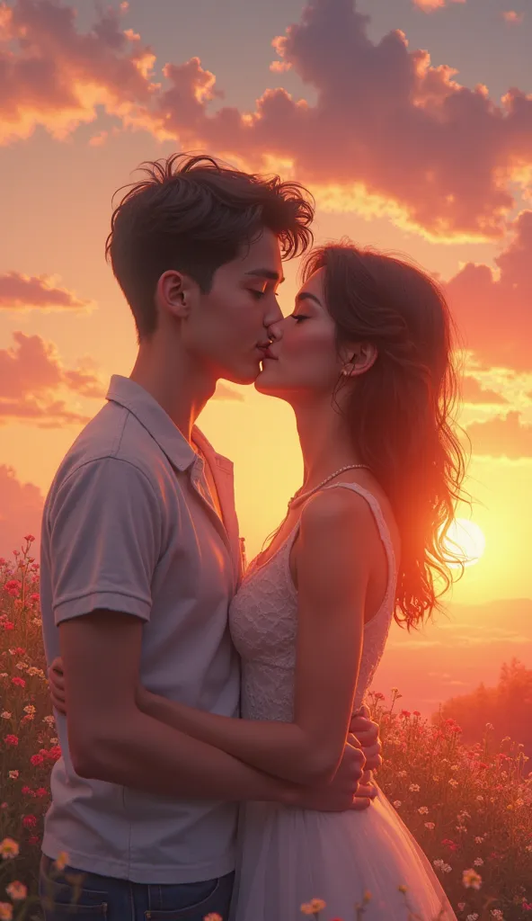 masterpiece, best quality, ultra-detailed, 8k, pastel colors, 1girl, 1boy, young cute couple kissing eachother in the sunset as an background