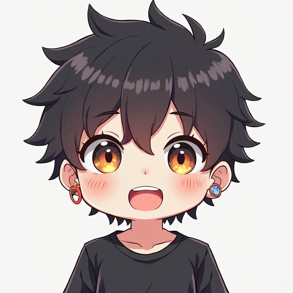 masterpiece, anime, chibi, logo, illustrated, medium short shot, emote for twich of a boy with short hair, with his hair forward with gradient on the sides, with a circular earring in his left ear, wearing an all black t-shirt.