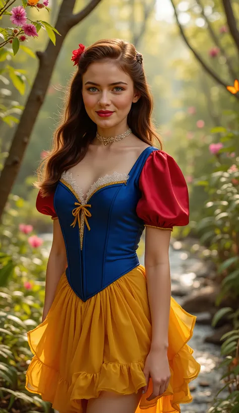 (((MID-BODY SHOT))) medium shot portrait of a sensual Snow White in the vibrant enchanted forest, sunlight piercing through lush foliage, colorful flowers and butterflies around her, wearing a FITTED figure-hugging sapphire-blue corset dress (Pantone 286C)...