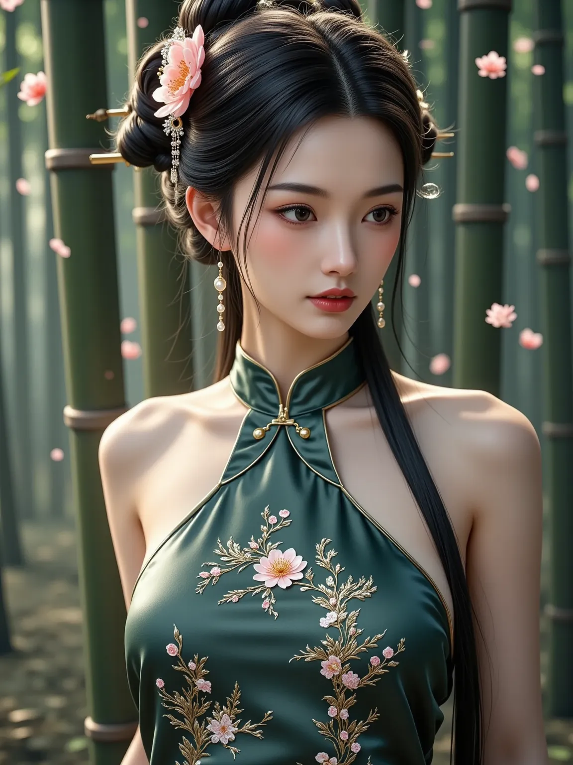 ultra-realistic 8K photography，on the background of a bamboo forest in the morning fog，, 18-22 year old girl's long dark black hair, shiny snake bun，lotus hairpin embellished with silver wire，wearing dark green silk belly（enable subsurface scattering to si...