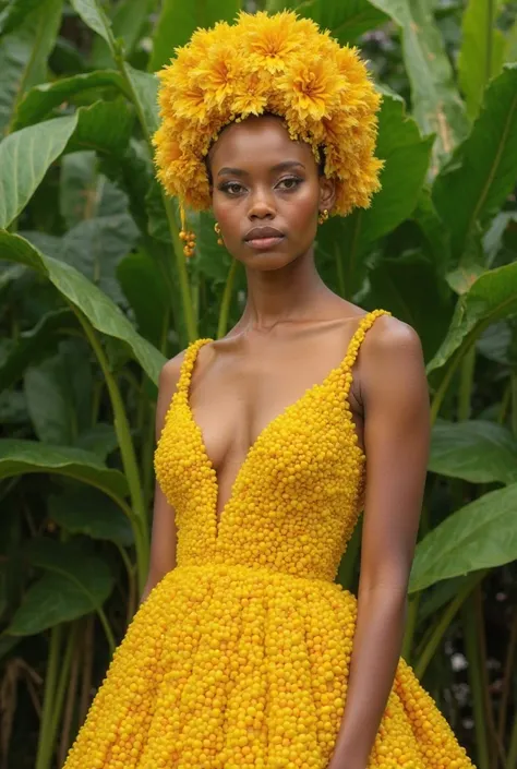 A young woman with a poised expression wearing a unique yellow dress designed with small clustered textures resembling corn kernels or tiny yellow flowers. She also wears a matching headpiece, enhancing the elegant and artistic look. The background feature...