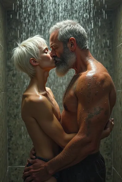 A young guy. 18 years old. White hair of medium length. Slim waist. Narrow shoulders. He's standing in the shower.Kissing a 55-year-old man with gray temples.Large build.