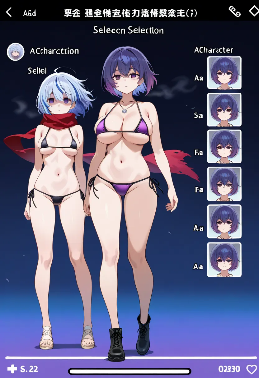 (A Character Selection Screen:1.5), waiting for someone ,Wind,  , large breasts,  two-toned hair, blue hair, purple hair, purple eyes, scarf, necklace,, short hair., empty eyes ,, micro bikini, full body, The ruined prison,