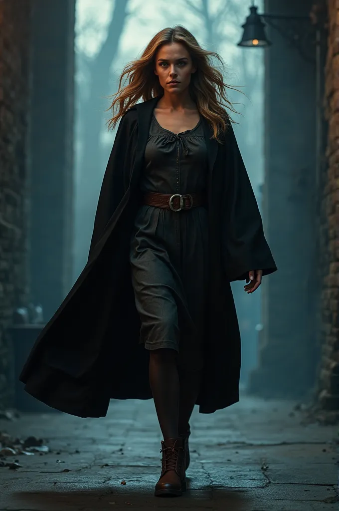 Full Page Layout:

Hermione walks confidently, her figure slender and athletic, now fully in her Hogwarts robe, with the feminine curves of her body highlighted. The background is dark, but a moonlit glow from outside casts a soft light on her.
The lightin...