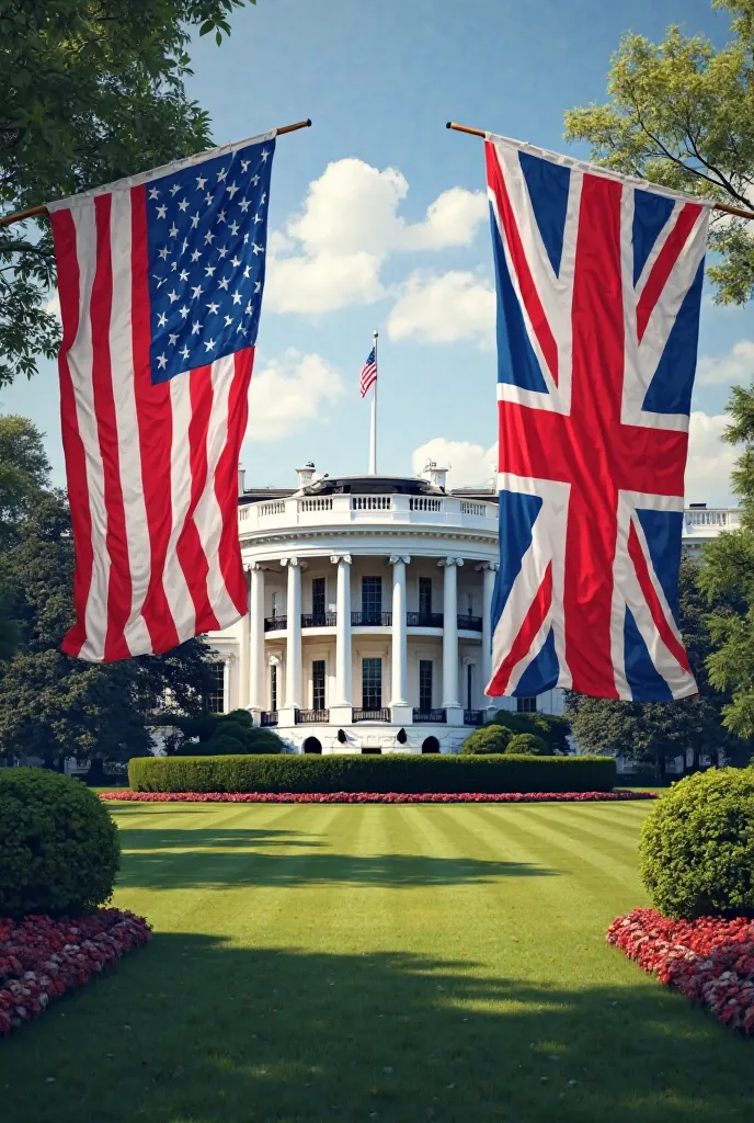 White house and British and american flag