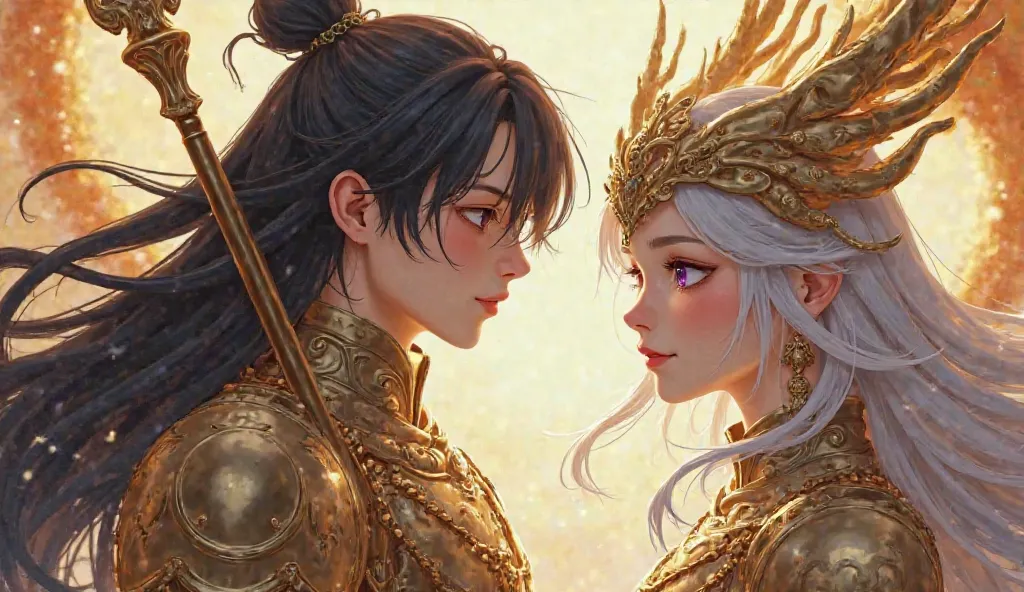 Korean handsome young man, black long hair, no hair tie, black eyes, wearing gold armor, hanging out at me, silver-haired woman with purple eyes, wearing silver armor, golden dragon with wings next to golden spear, fantasy 3D anime