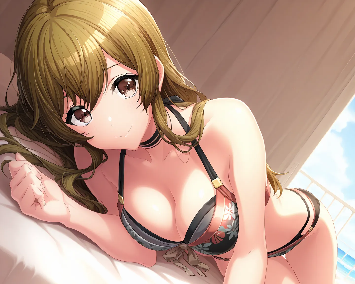 masterpiece, best quality, great quality,
 Kyoko, 1 girl, on the beach closed one eye, long hair,  above Decorati has , smile,  brown eyes, bigger breasts in bikinis, Black underwear，high definition, 　on the bed