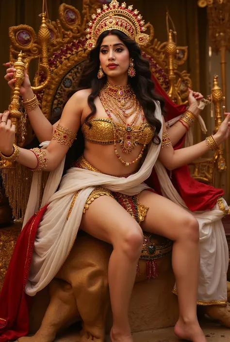 fair hindu curvy thick milf devi durga almost naked, and crown with two Arabian muslim uncle one pakistani and one bangladesi in white kurta hug and kiss her body in a durga maa temple while she is sitting in their naked thighs, Arabian men press fuck de...