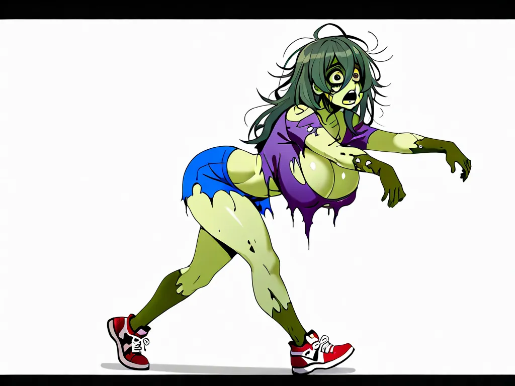 anime style,  greenish skin , madness in the eyes , on the face of malice,  torn clothes, Several sexy zombie girls, big boobs, Big booty, white background, goes from right to left, only a girl , Full Height, in sneakers,  hair disheveled 