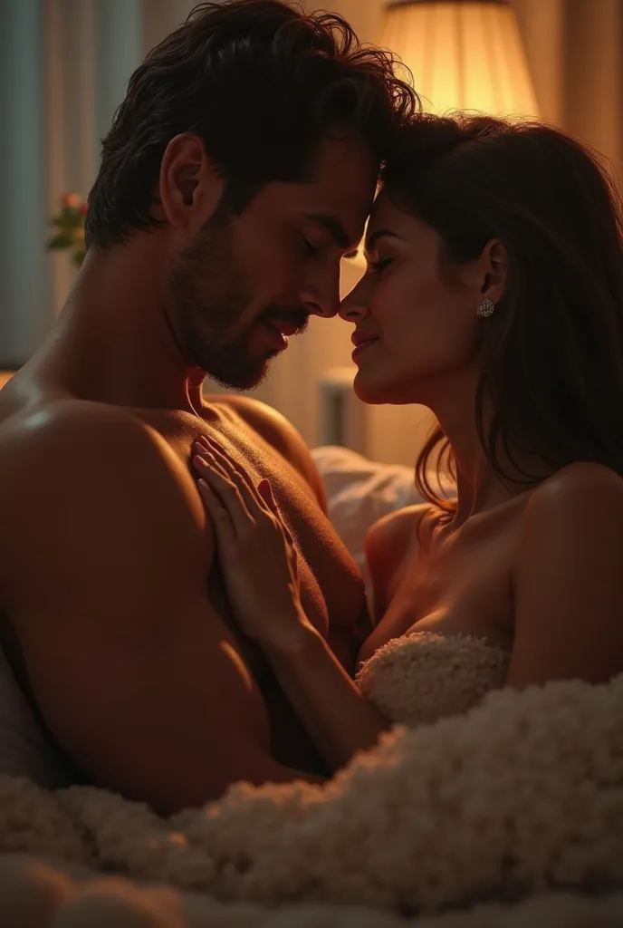 "A mature man suckles on his wife's breasts naked sex in an intimate and romantic setting. Soft lighting with warm shades, affectionate facial expressions and emotional closeness. Realistic style with subtle details."
