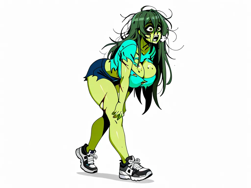 anime style,  greenish skin , madness in the eyes , on the face of malice,  torn clothes, Several sexy zombie girls, big boobs, Big booty, white background, goes from right to left, only a girl , Full Height, in sneakers,  hair disheveled 