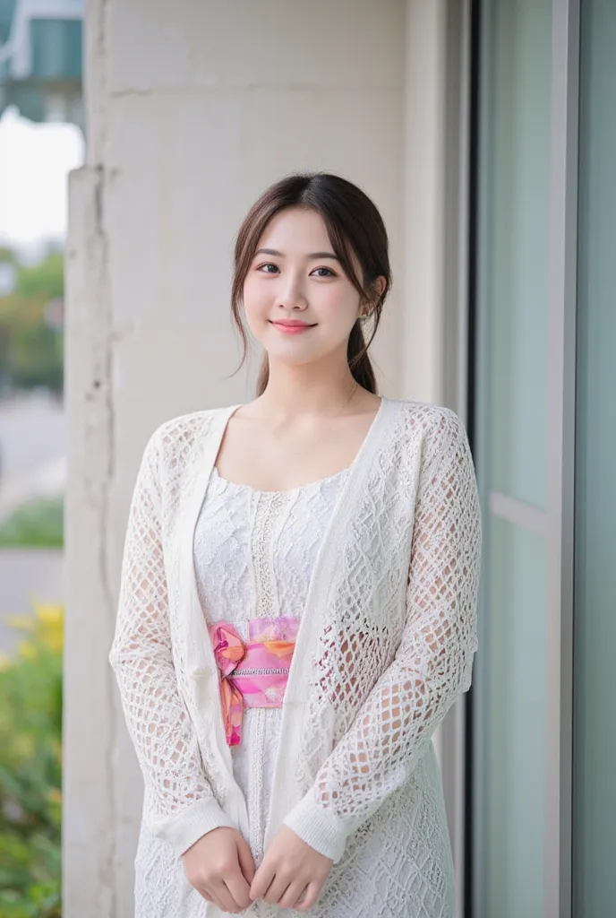 A beautiful Korean  girl,slightly chubby with little smile, camera angle from below,standing enjoy in wall side cheerful style with both hands