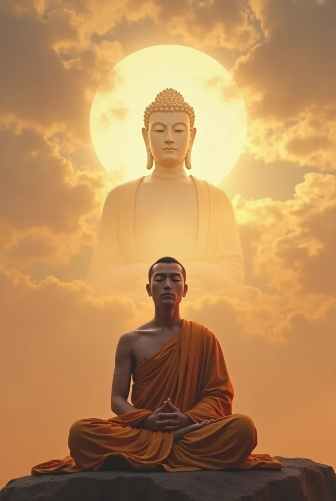 In the sky,  warm ,  Gentle , the face of a monk meditating, calm mood, Peaceful, peaceful., the image of the Buddha above is radiating the aura