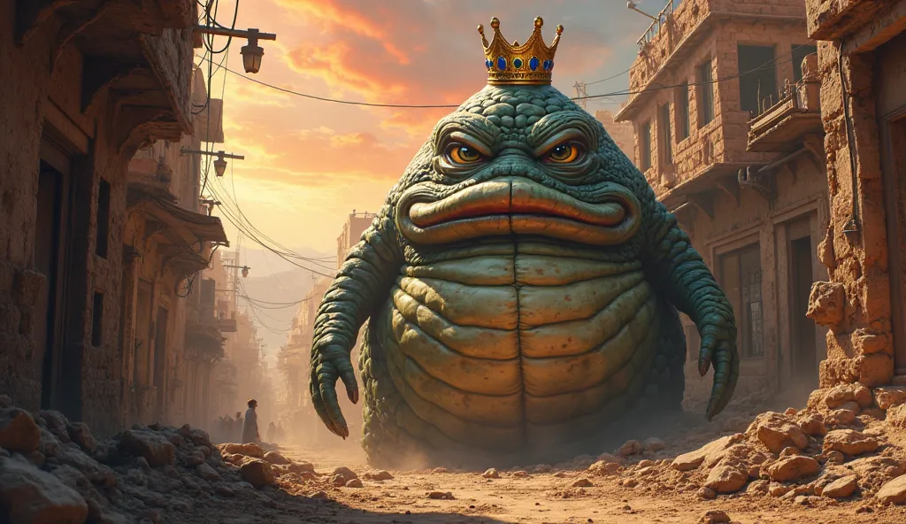 The scary Jabba Hutt wearing a crown walks through Aladdin's slums, and the sky is surprisingly rich in color. There are no people on the street