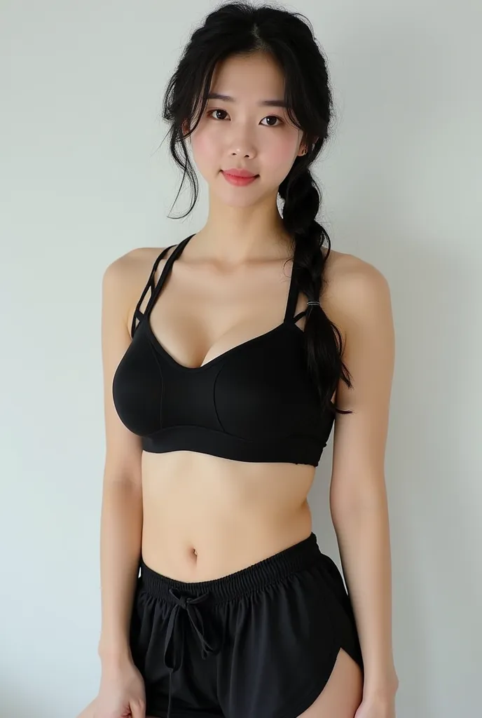 young Sino Korean woman with a fit physique. She has long black hair styled in a loose side braid, with some strands framing her face. Her makeup is subtle, with soft pink lips and well-defined eyes. She has fair skin and a delicate facial structure. She i...