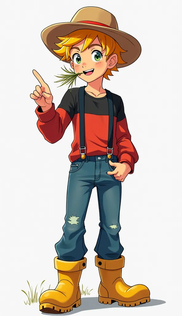 a full display of anime boy character in white screen background. the boy is handsome and curly yellowish brown hair. his age is between 16-18. his eyes are lime green. he has freckles on his cheeks he wears a red and black long sleeved shirt with blue jea...