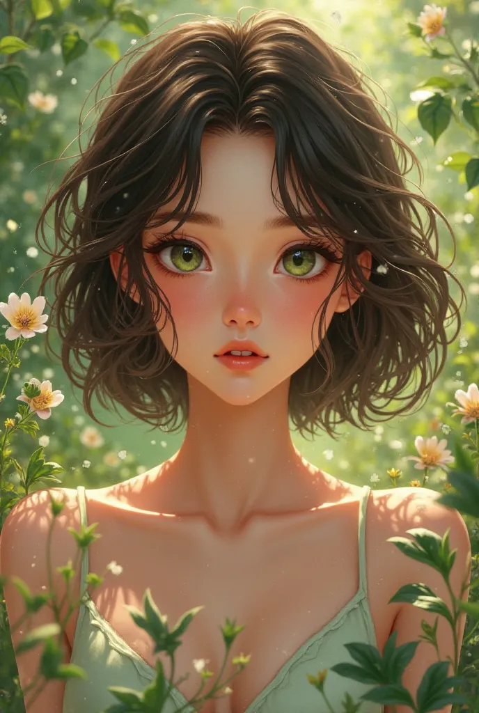  girl,  dark brown hair , short hair, Summer sprouts , green eyes