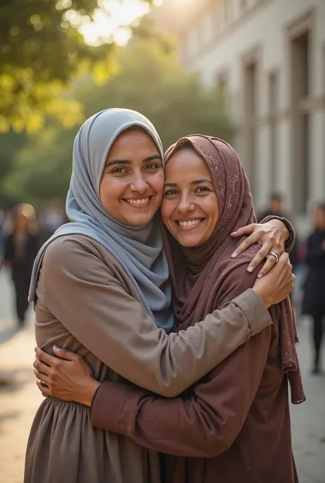 Muslim graduate daughter hugging her Muslim mother 