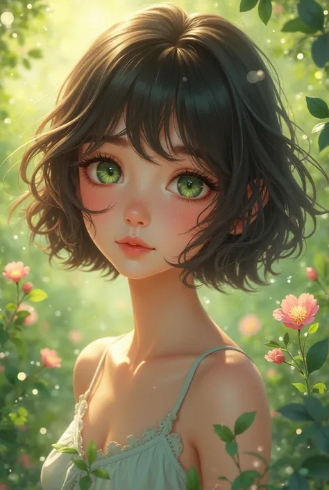  girl,  dark brown hair , short hair, Summer sprouts , green eyes