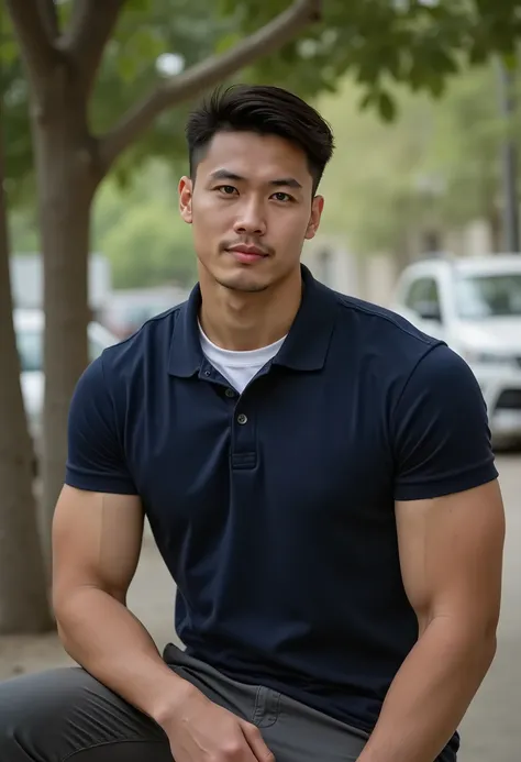 handsome male bodybuilding, wear Navy Polo Shirt There is a white round neck t-shirt inside, in market , sit on table have tree is far