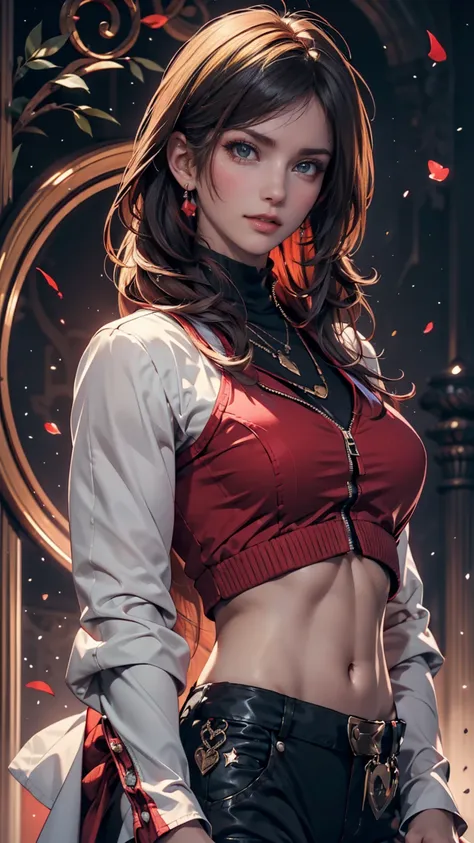 ((Extreme detail)),(super detailed), highly detailed CG unity 8K wallpaper, velvet, Ornaments, Red Hood, crop top with black jacket, Starship, puff sleeve, lips, look away, close-up, Turn your head, black background