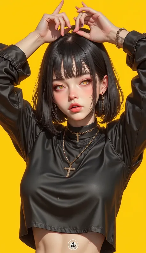 extremely detailed CG, high resolution, best quality, masterpiece,
Yellow Background、(masterpiece, top quality),It has a nice color,colorful, top quality, Amazing Details, , line art , written boundary depth,flat shading,Bokeh, girls, black hair、short bob...
