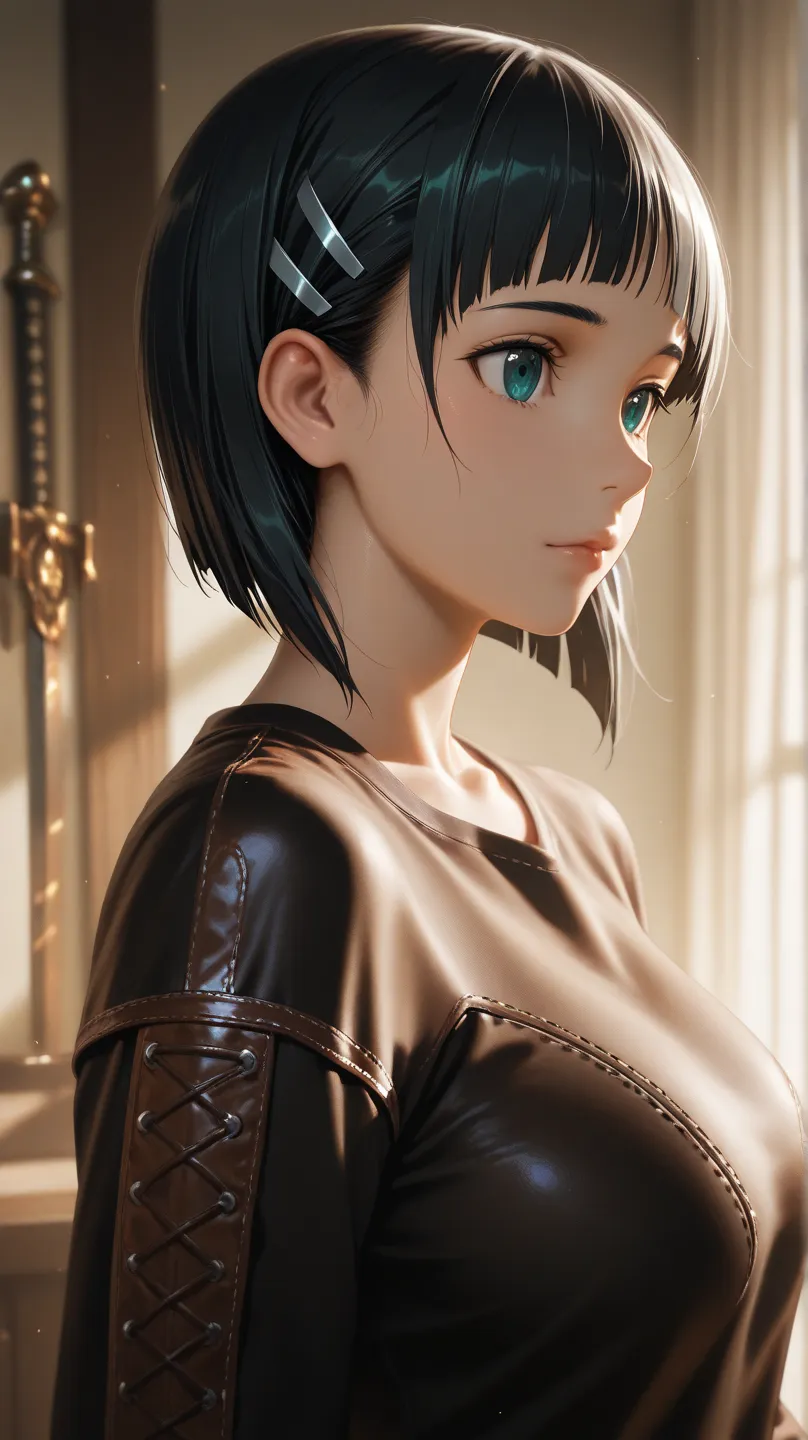 masterpiece, best quality, bright,  very aesthetic , high contrast, photorealistic portraits, face beautiful detail , texture detail , leather detail ,  latest, BREAK 1gadis, Kirigaya Suguha, sword art online, shirt ,room 
