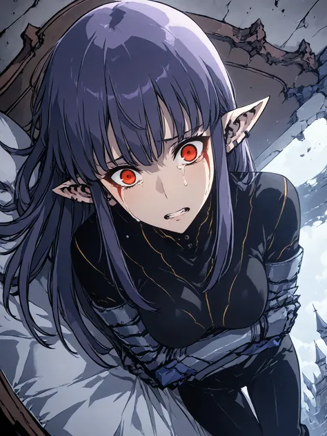 1girl, solo, esil radiru, beautiful, crying heavily, tears, crimson eyes, plain black shirt, plain black pants, slender body, medium breasts, highly detailed eyes, expressive eyes, natural eye shape, iris with visible details, anatomically correct, super d...