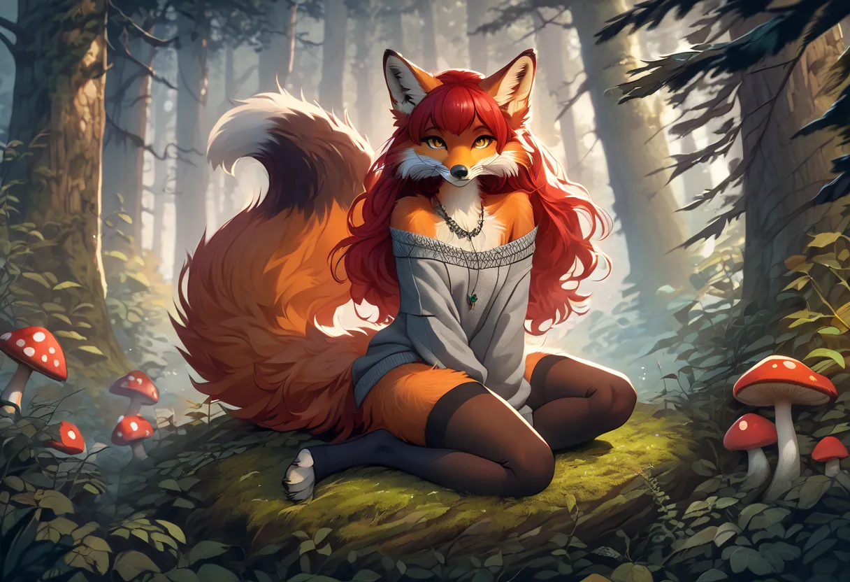 Solo、unpralleled masterpiece、Detailed、 Beautiful、 score_9、 score_8_up、 score_7_up、moody atmosphere、mysterious、fox、anthro、furry、female、orange fur、(long hair、beautiful hair、scarlet red hair、side swept hair、bangs)、yellow eyes、(digitigrade、claws、fox paws、expos...