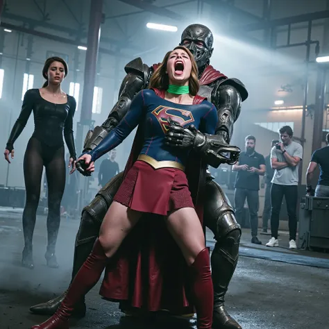 Melissa Benoist as Supergirl, (a very short skirt), fighting with an enemy, she is sexual assaulted from behind by Lex Luther the robot, she bend down and push his hand out, a green lighting collar on her neck, painful face, (Supergirl is screaming in pain...