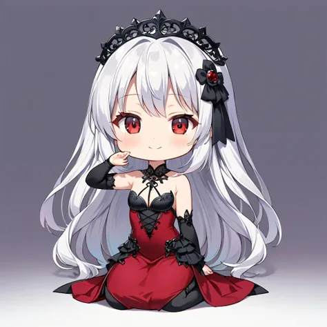 Gothic Maiden Anime Girl, beautiful charming anime girl,White-haired goddess, red eyes, red dress, alone, from the front, smile, chibi, ((seiza)), ((sitting)), One arm raised up, simple background