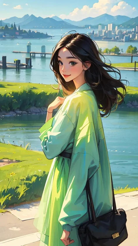 ((Masterpiece)),(((best quality))),((ultra-detailed))  realistically , 1 girl, beautiful, black hair,  happy, One, The sky in the morning,  looking at the viewer,  soft green ,  city, lake.