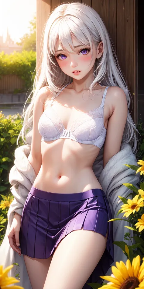 realistic, woman, white hair, purple eyes, glowing eyes, sexy tiny bra,tiny mini skirt, parted lips, blush, night, flowers, sun, sunlight,