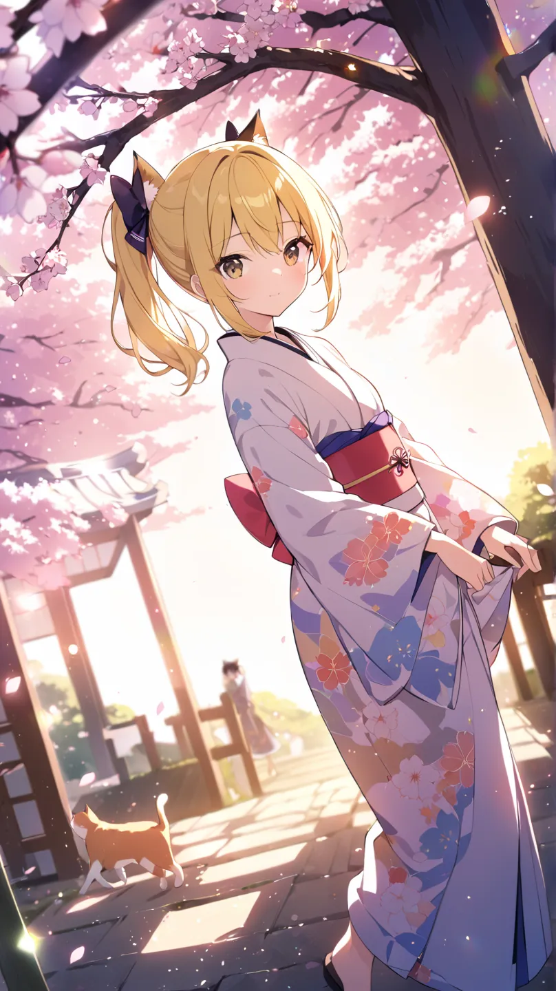 Outdoors、Japanese Garden、Dry Landscape、stroll、Walking、Gentle Light、Cherry blossoms in full bloom、 backlit、cat、1 girl、yellow hair、Twin Ponytail、dark eyes、 kimono、solo,Dutch angle、glitter effect, blur background, Lens Flare, widescreen、 overexposure, widescr...