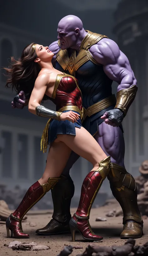 Gal Gadot is Wonder woman, fighting with the Thanos, very bright white skin, brown hair, painful face, she is screaming in pain, she is bending down to the ground, a huge body Thanos is sexual assault Wonder woman, hugging her tightly, he is wearing only u...