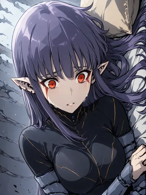 1girl, solo, esil radiru, beautiful, crying heavily, sad, tears, crimson eyes, casual clothes, slender body, medium breasts, highly detailed eyes, expressive eyes, natural eye shape, iris with visible details, anatomically correct, super detailed, high det...