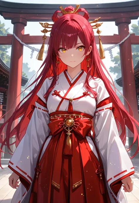 cool beauty, wearing red and white Japanese shrine maiden costume, set against a background of typically Japanese scenery and accessories, iridescent glitter gold dust flying about, professional and perfect composition, extremely delicate depiction, extrem...