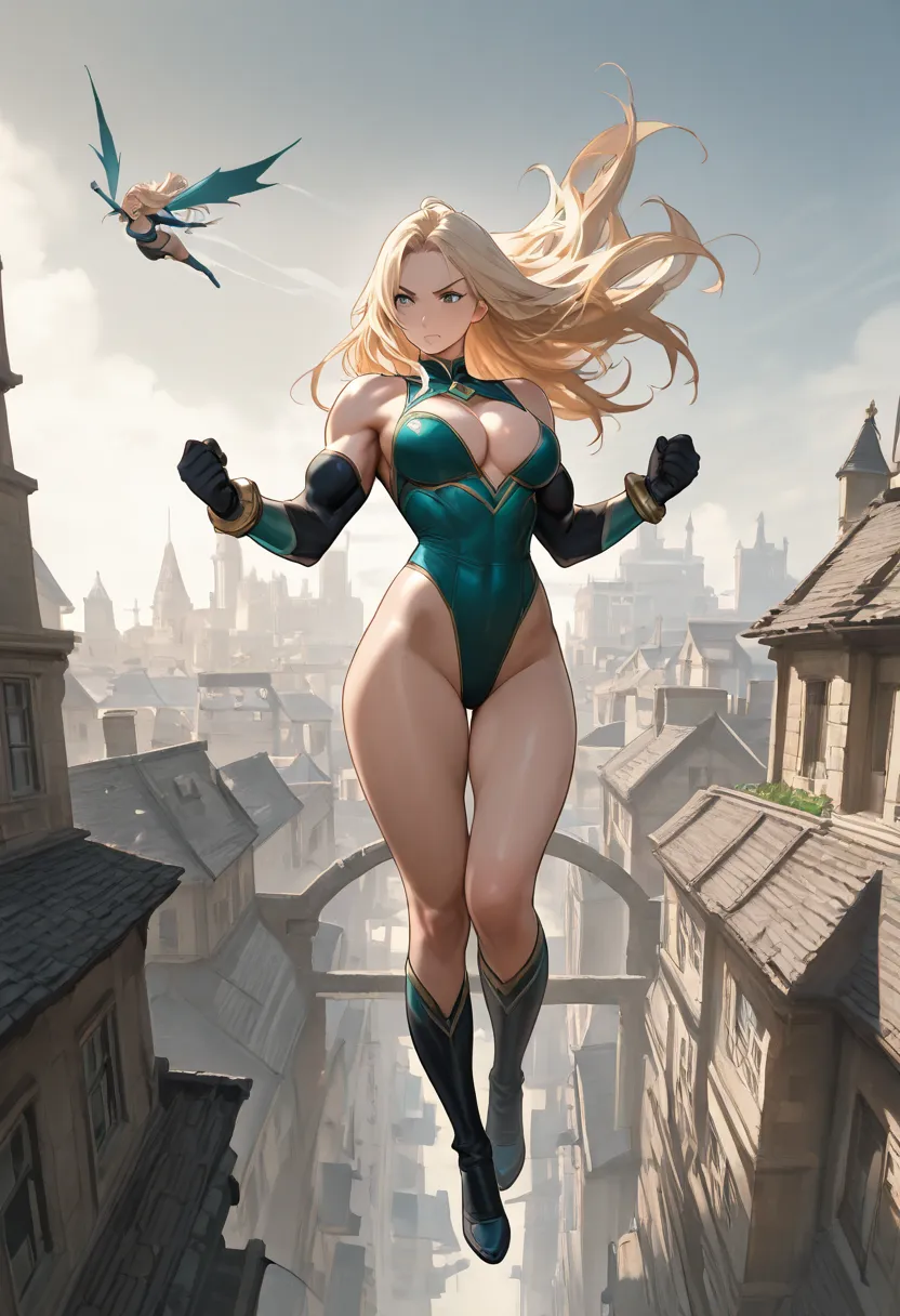 heroin, Sturdy body, well-defined body, strong arms, sexy, long hair, 8k, best quality, masterpiece, upscale, buildings in the background, flying, hero expression, Hero outfit, powers, epic,  beautiful