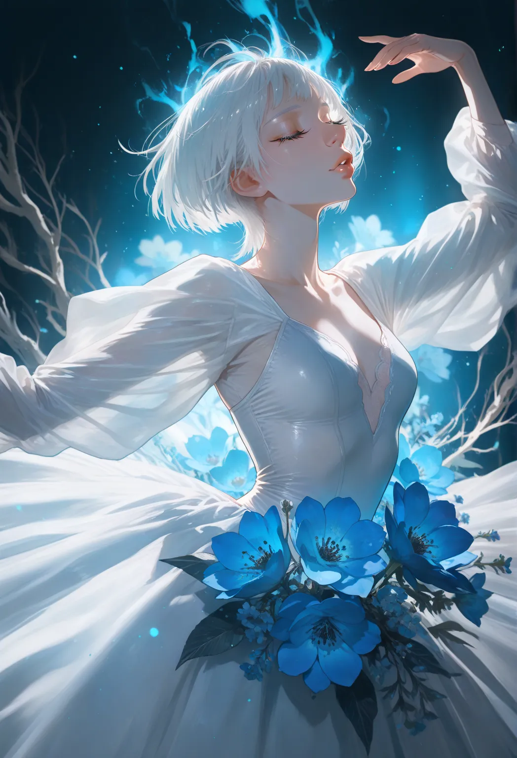 ballerina, ballet clothes, close eyes, white hair, cut hair, white dress, under many flowers, dancing on flowers, blue flowers, (very long eyelashes, full lips, Big lips, Big nose) (blue aura, blue lights, blue particles, gaussian blur, glow low lighting, ...