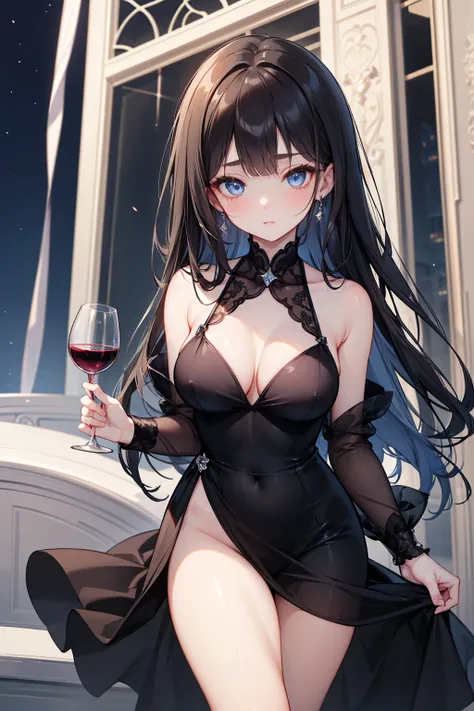  already, dark hair ， long straight hair， Warm blue eyes    ， black eyebrows、 Clear and bright eyes ，facial contours are soft and elegant，Cold and elegant ，Exquisite wine， No flaws 。 Fair skin ，Plump and beautiful body ， Perfectly balanced thighs，Wearing a...