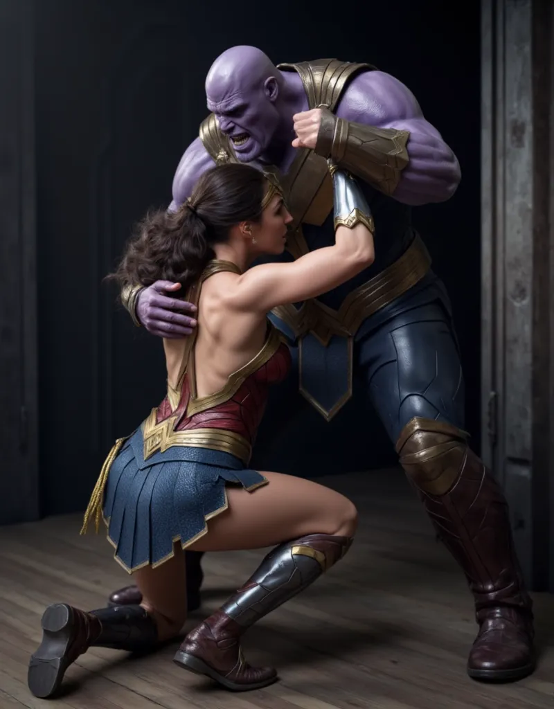 Gal Gadot as Wonder woman, she is kneeling face to Thanos body, bright white skin, painful face, Thanos is standing in front of her, his crotch is close to her face, he tightly hold her head,