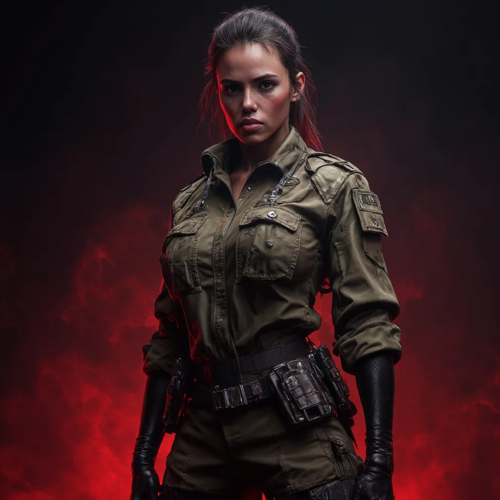 soldier girl, smoky light red background