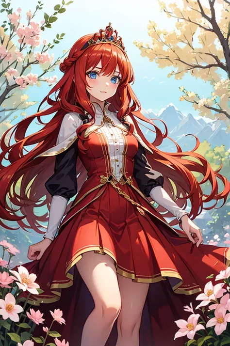 A 16-year-old young princess with wavy red hair, a red dress with white details, blue eyes, wearing a gold tiara with rubies on a flower field.