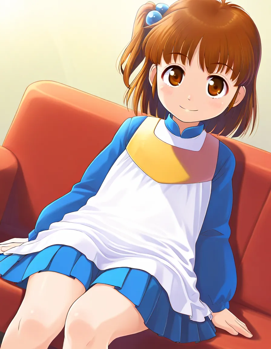 PuyoArleYH,1girl,solo,brown hair,brown eyes,hair bobbles, yellow collar, kindergarten uniform,blue skirt, smile, sitting, couch, cowboy shot, indoors, masterpiece, best quality, very aesthetic, absurdres,hand