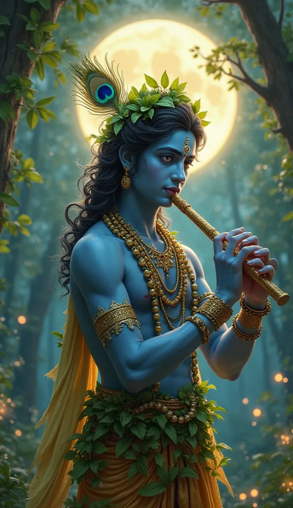 highly realistic and ethereal portrait of Lord Krishna standing under a glowing full moon in a lush, mystical forest. His divine blue skin radiates a soft glow, and he has a serene, blissful expression as he plays the flute. His hair is adorned with fresh ...