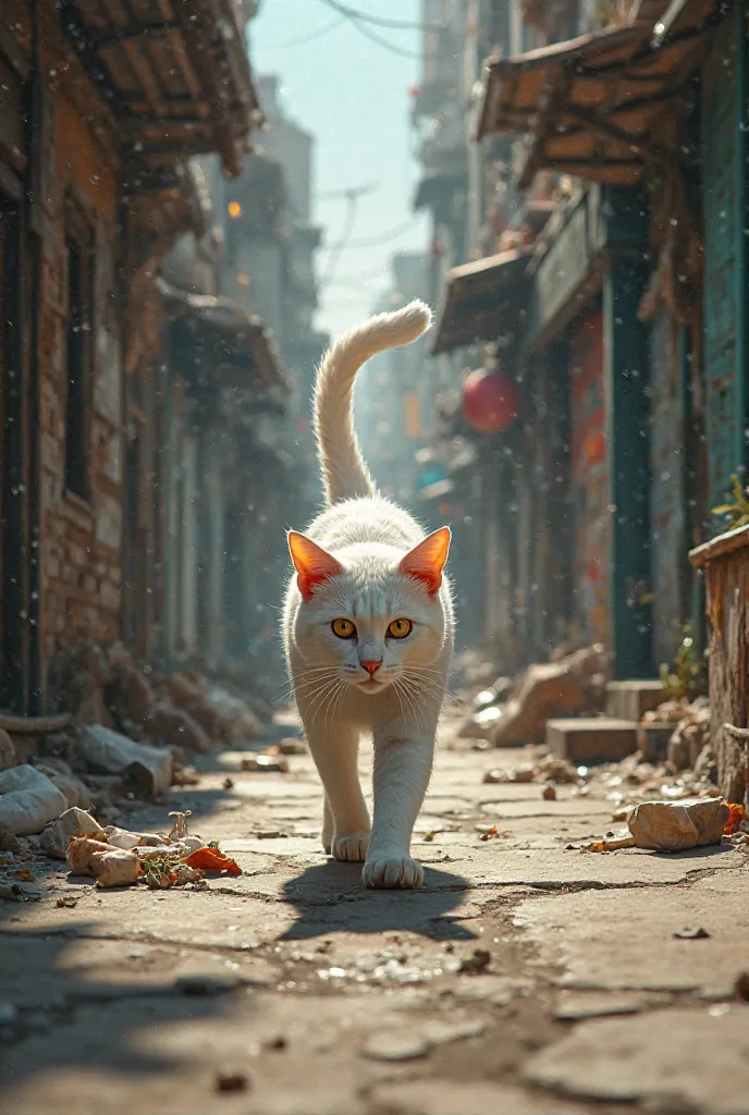 White cat looking for food in the streets 