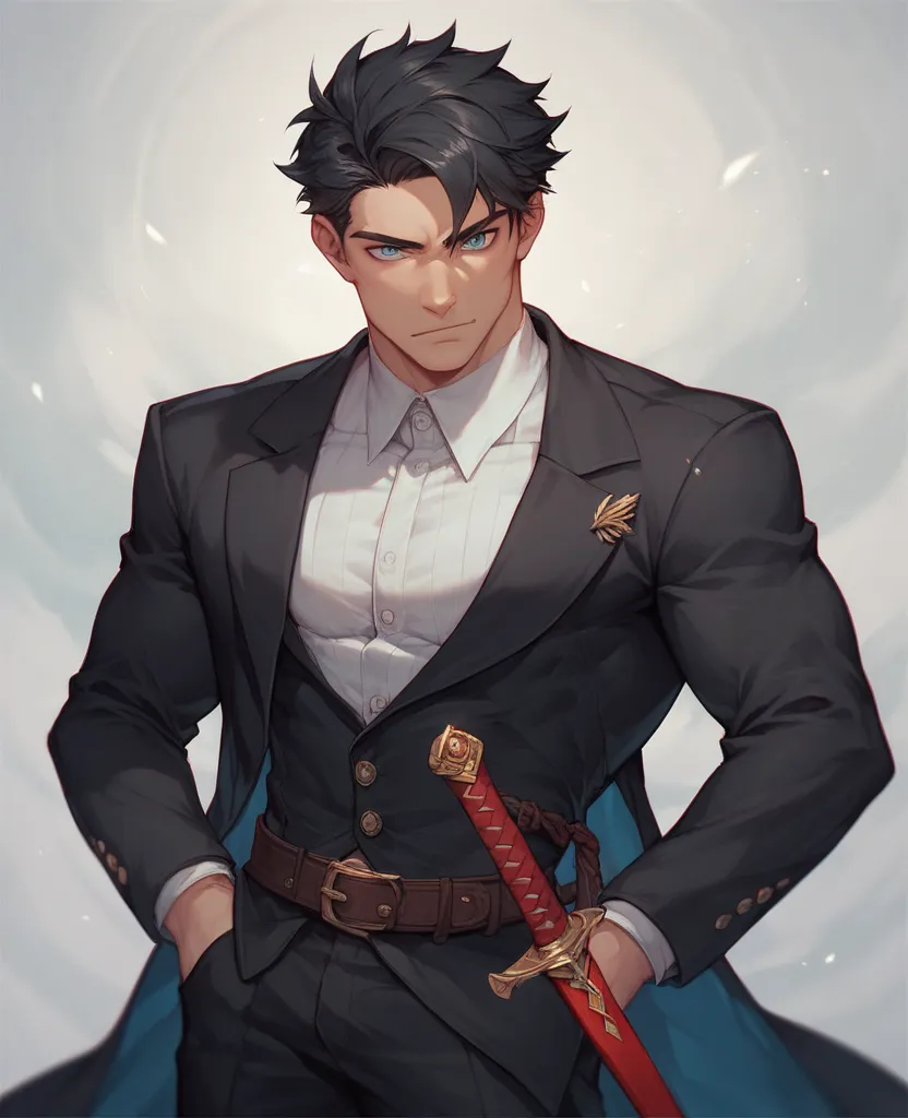 Anime man, Is a prince standing straight with a sturdy body, mysterious face, dark blue eyes, black hair, wearing a black robe and black suit There was a long sword tied there, Looking seriously, having a handsome face but looking mysterious. 