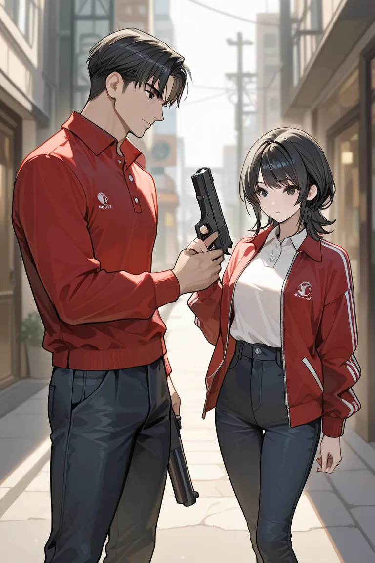 A handsome man with black hair, black eyes, wearing a shiny red jacket with a stylish polo shirt underneath and black jeans is standing in the street holding a gun.